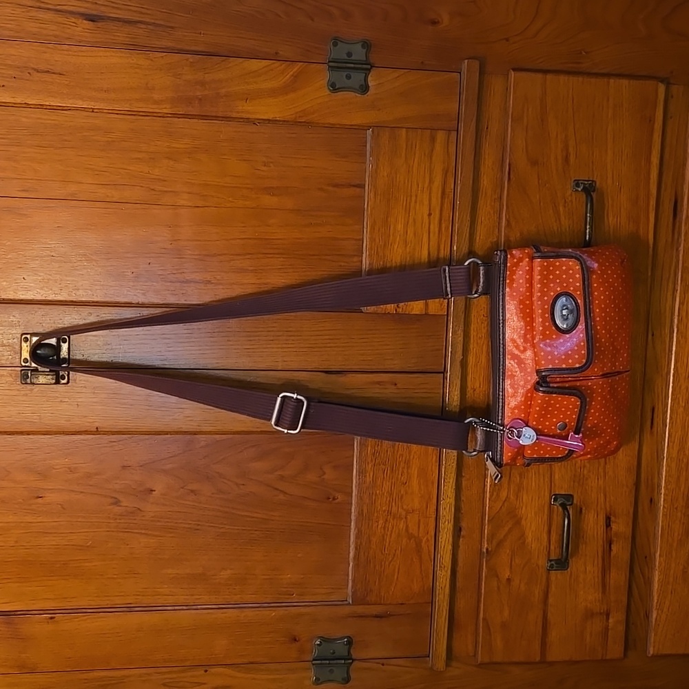 Fossil "Key-Per" Waxed Canvas Leather Orange/Brown Crossbody w/Key Bag